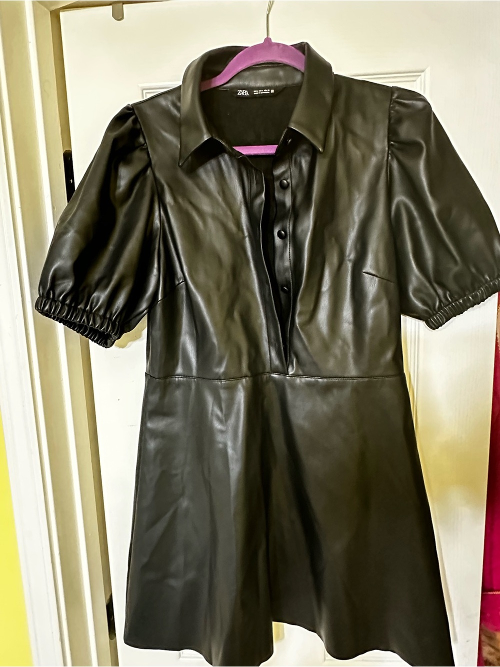 Zara Black Faux Leather Puff Sleeve Shirt Dress